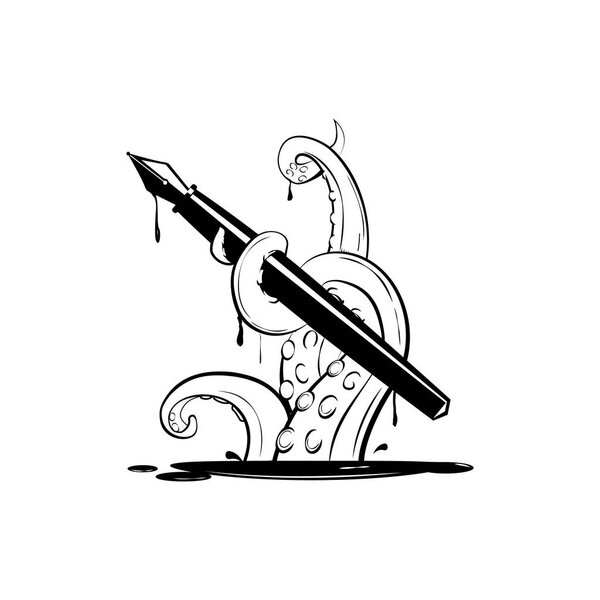 Giant  octopus with ink pen, silhouette vector illustration.
