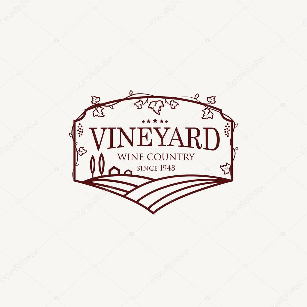 Landscape with vineyard fields, villa, trees. Outline vector illustration of rural landscape. Trendy concept for wine list, bar or restaurant menu, labels and package.