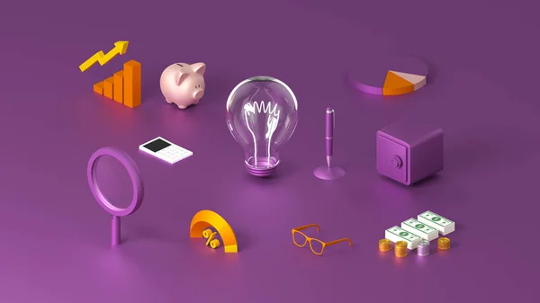 Ortasında ampul olan finansal fikir kavramı. Itric muhasebe kompozisyonu. Para depolama, madeni paralar ve finansal analizi olan internet afişi. 3d illüstrasyonlu Hi çözünürlüğü