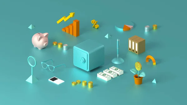 Ortada depolama kasası olan tasarruf planlama konsepti. Itric muhasebe kompozisyonu. Altın para ve finansal analizli internet afişi. 3d illüstrasyonlu Hi çözünürlüğü