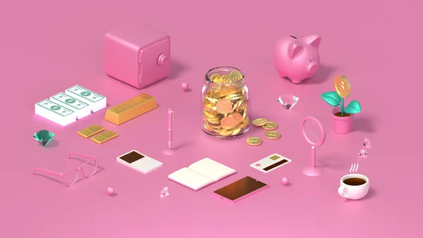 Feminine Style Savings Concept Glass Money Jar Middle Isometric Accounting — Stock Photo, Image