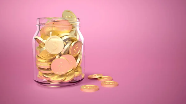 Nőies Stílusú Megtakarítási Koncepció Üveg Pénz Üveg Rózsaszín Háttér Felbontás — Stock Fotó