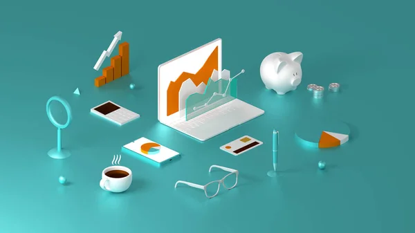 Isome borsa kompozisyonu. Muhasebe planlama konsepti. Not defteri ve grafik çizelgesi ortada. Turkuaz arka plan finans hisseleri. 3d illüstrasyonlu Hi çözünürlüğü.