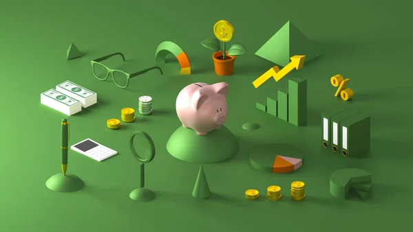 Itric muhasebe kompozisyonu. Ortada domuz kumbarası olan tasarruf planlama konsepti. Yeşil arka planda para ve finansal stokları olan internet afişi. 3B görüntü oluşturulmuş Hi çözünürlüğü
