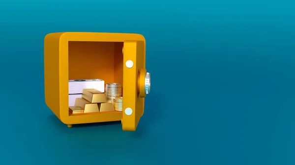 Orange safe  with gold and money on blue background. Hi resolution rendered 3d illustration.
