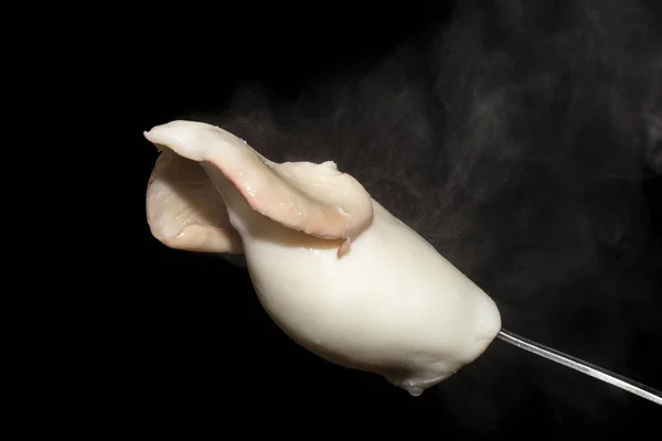 Boiled Fresh Squid Fork Steam Black Background — Stock Photo, Image