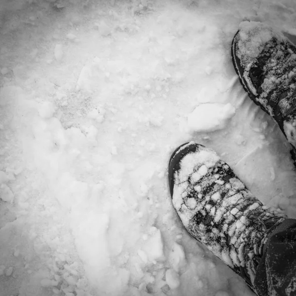 Våta Vandringskängor Tjock Nysnö Den Främre Och Bakre Suddiga Bakgrunden — Stockfoto