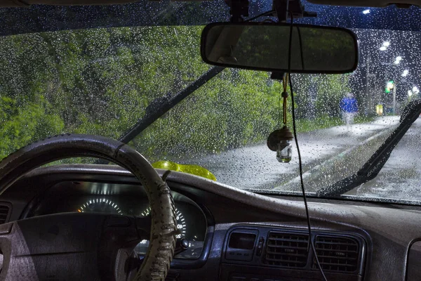 Beautiful Drops Water Windshield Car Glass Cleaners Turned Thunderstorm Rain — Stock Photo, Image