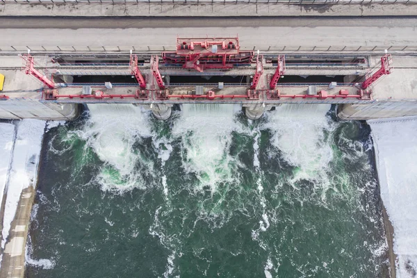 Plná Hráz Začátku Záplavy Ledem Letecký Pohled Dronu — Stock fotografie