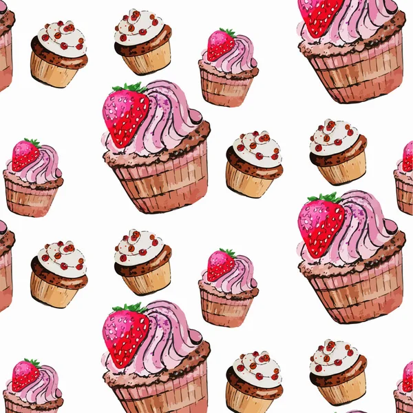 Muffins and cupcakes with strawberry on a white background — Stock Vector