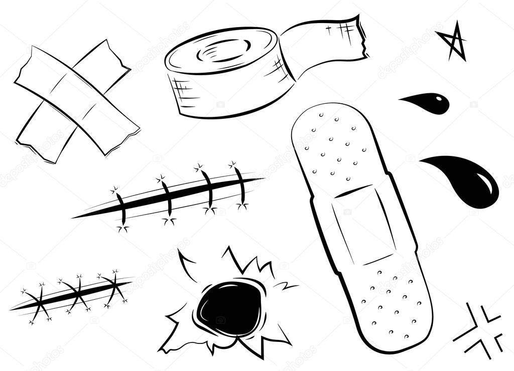 Adhesive bandages set, medical and healthcare. surgical stitches on the skin, Sutures. Holes from the bullets. Vector illustration