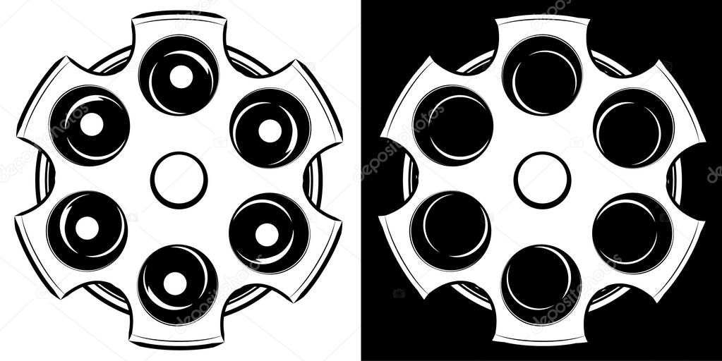 Cylinder of a revolver vector illustration. Russian roulette icon. Black and white