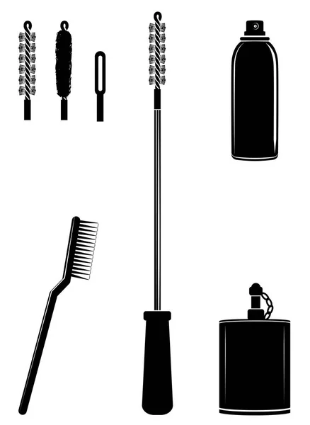 Ramrod, brushes, spray, oil can for cleaning gun. Cleaning tools set vector — Stock Vector