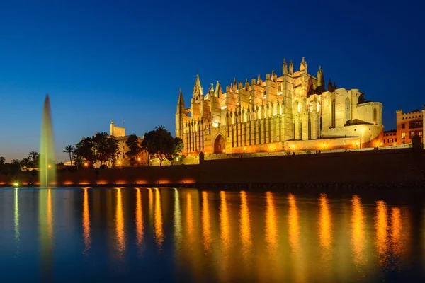 Osvětlená katedrála z Palmy de Mallorca z Parc de la Mar, Španělsko — Stock fotografie