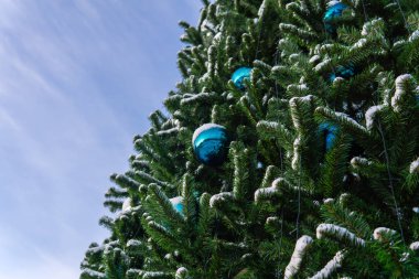 Yapay bir Noel ağacı parçası açık havada kurulmuş.