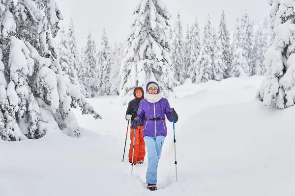 Dos mujeres excursionistas de turistas en un bosque de montaña de invierno — Foto de Stock