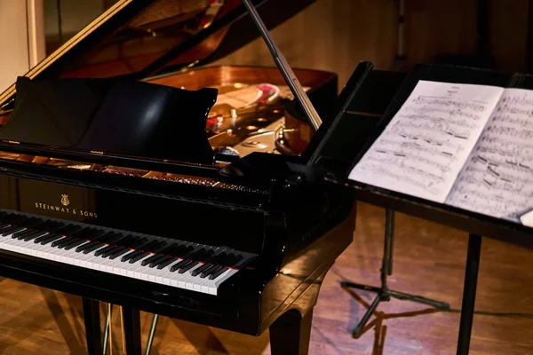Perm, Rusya - 18 Mart 2020: Büyük piyano Steinway & oğulları ve kemancı için konser salonunda skor