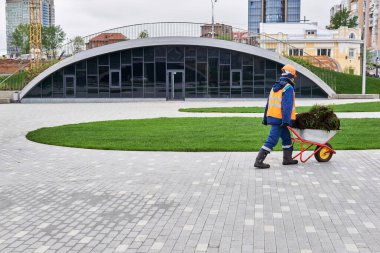 Perma, Rusya - 14 Mayıs. 2020: İşçi, şehir manzarasının arka planında el arabasında çim rulosu taşıyor.