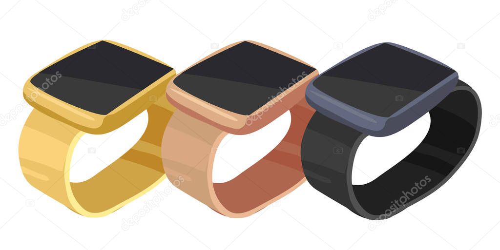 3D realistic smart watches in gold rose gold and black color in row in showcase on white background