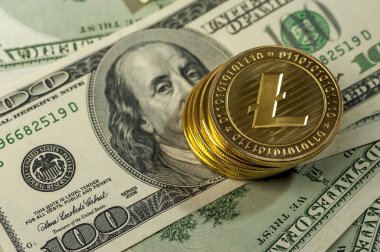 Close-up of a stack of Litecoin gold coins