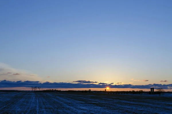 Campo Neve Com Grama Seca Hora Pôr Sol — Fotografia de Stock