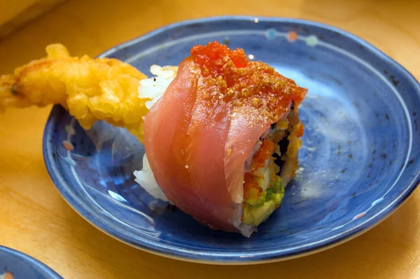Seafood Sushi Rolls Blue Dish — Stock Photo, Image