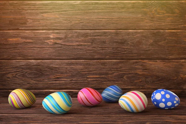 Huevos de Pascua sobre fondo de madera. Ilustración de representación 3D . — Foto de Stock