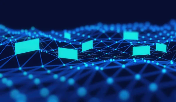 インターネット接続技術の概念 クラウドコンピューティング スーパーコンピュータの神経通信 点と線を結ぶ三角形の背景 サイバーセキュリティの概念3Dレンダリング図 — ストック写真
