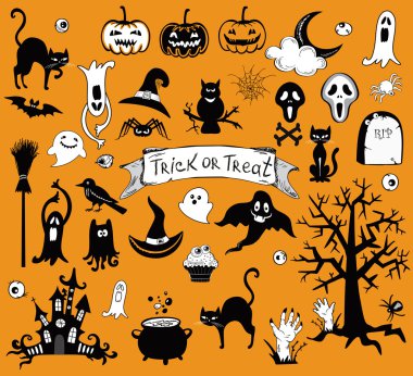 Mutlu Cadılar Bayramı tatil turuncu zemin üzerine izole çeşitli unsurları kümesiyle tasarlar. Vektör çizim.