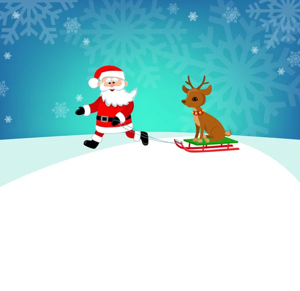 Babbo Natale corre con slitta su cui siede un cervo. Illustrazione vettoriale in uno strato, senza gradienti . — Vettoriale Stock