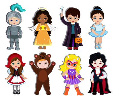 Hüner ya da tedavi içinde Halloween kılık Halloween çocuk. Arka plan üzerinde izole vektör çizim.