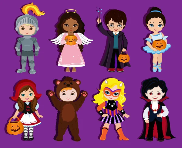 Halloween enfants tour ou traiter en costume d'Halloween . — Image vectorielle
