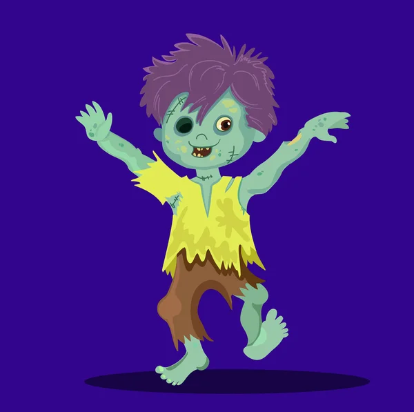 Feliz chico zombi corriendo sin ojo. Ilustración vectorial de dibujos animados en una sola capa sin gradientes . — Archivo Imágenes Vectoriales
