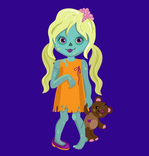 Blond haar zombie meisje houdt van een teddybeer. Cartoon vectorillustratie in een enkele laag zonder verlopen. — Stockvector