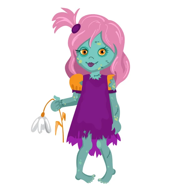 Zombie Girl sosteniendo una flor. Ilustración vectorial de dibujos animados en una sola capa sin gradientes . — Archivo Imágenes Vectoriales