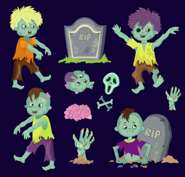 Büyük koleksiyon zombi mezarlığı çocuklar. Degradeler olmadan tek bir katmanda vektör çizim karikatür.