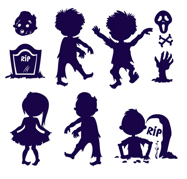 Ensemble de silhouettes icônes élément halloween. Enfants zombies dans le cimetière . — Image vectorielle