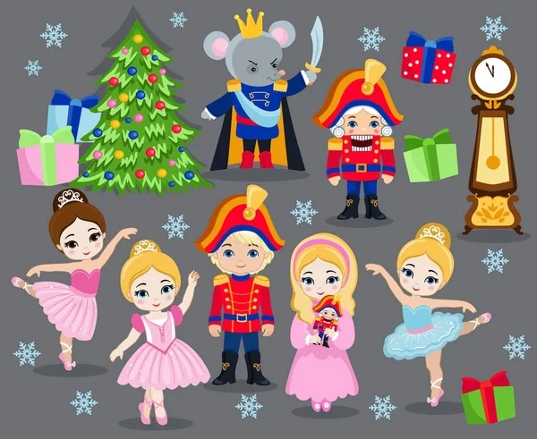 Establecer personajes de dibujos animados de Navidad para el cuento de hadas Cascanueces . — Vector de stock