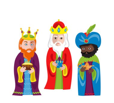 Three Wise Men bring gifts to Jesus on Christmas.Vector illustration isolated on white background. clipart