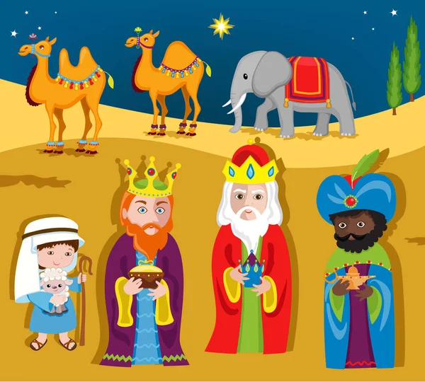 Три мудреца приносят подарки Иисусу на Рождество. Векторная иллюстрация . — стоковый вектор
