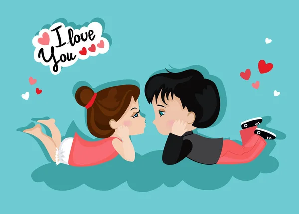 Día de San Valentín. Una chica cariñosa y un chico mirándose. Tarjeta de amor . — Vector de stock