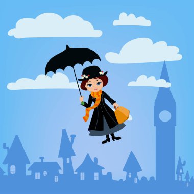 Mary Poppins Londra'da uçar. Vektör çizim.