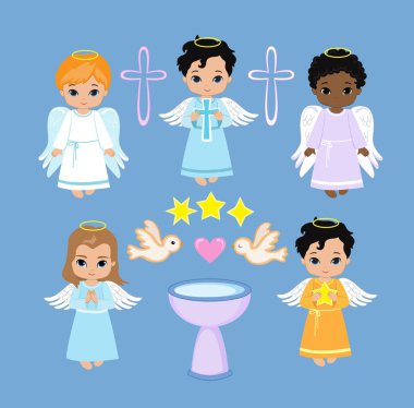 Melek dijital Clipart. Melek çocuklar üzerinde gökyüzü ayarlayın. Vaftiz.