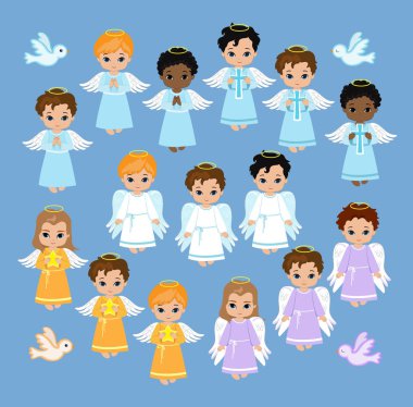 Melek dijital Clipart. Melek çocuklar üzerinde gökyüzü ayarlayın. Vaftiz.