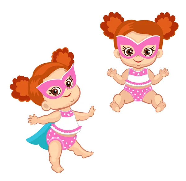 Ilustración Super Hero Baby Girl en posición de pie y sentada . — Archivo Imágenes Vectoriales