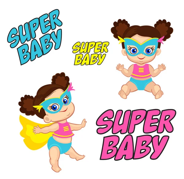 Ilustración Super Hero Baby Girl en posición de pie y sentada . — Archivo Imágenes Vectoriales