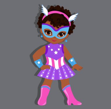 Bir süper kahraman kostümlü illüstrasyon sevimli kız. Vektör illüstrasyon izole gri arka plan üzerinde.