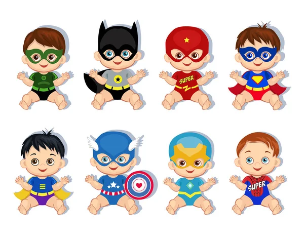 Illustration  group of cute babies boys in costumes of superheroes. — Stock Vector