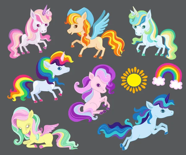 Illustrazione del gruppo unicorni arcobaleno molto bello . — Vettoriale Stock