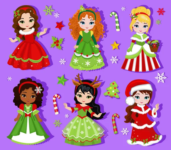 Ilustração do grupo bela princesa de Natal inverno . — Vetor de Stock